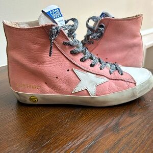 Golden Goose superstar pink suede high tops w/leopard laces!